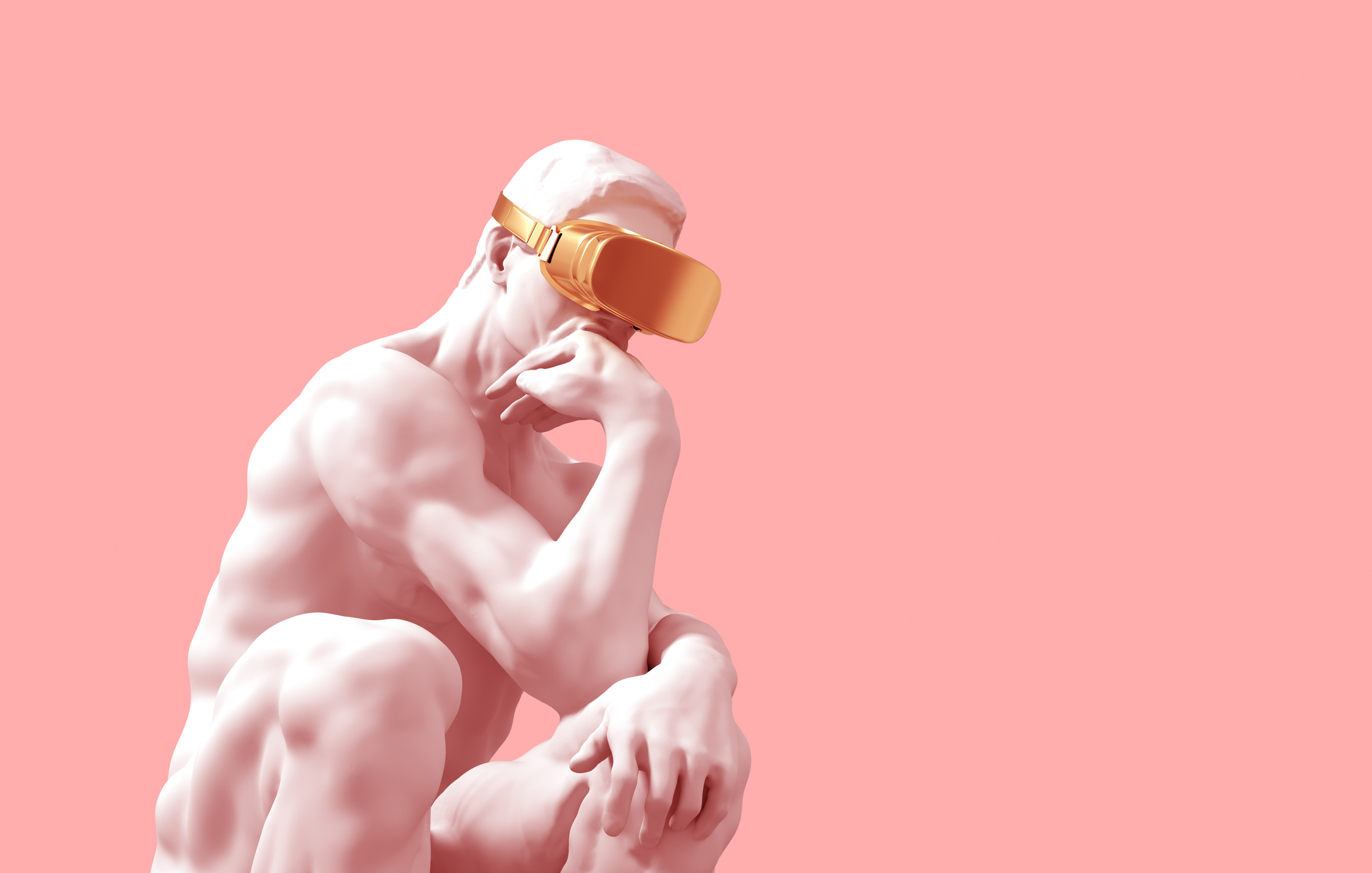 A white marble statue similar to Rodin's Thinker wearing a gold VR headset - Bee Digital Marketing on technology in schools
