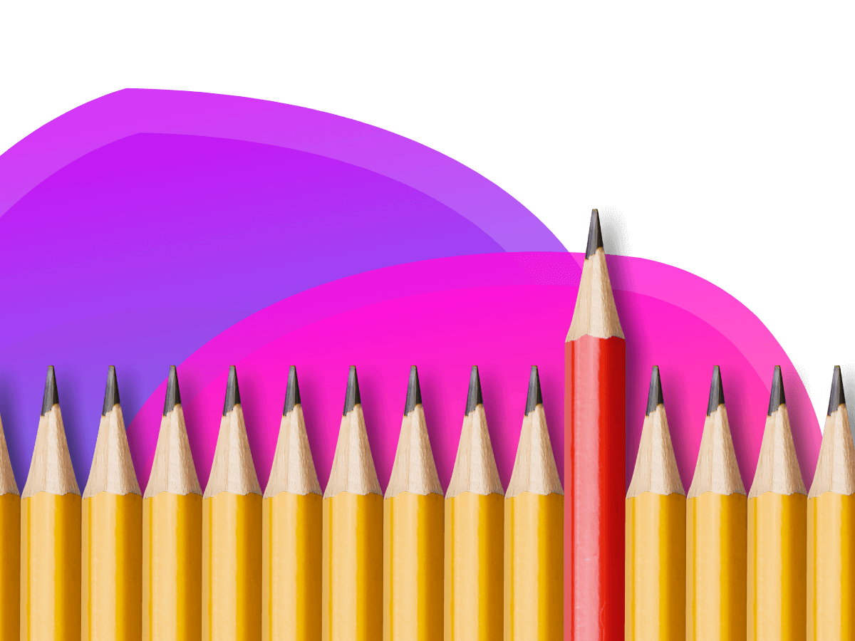 A line of yellow pencils of uniform length against a background of Bee Digital Marketing colours. One pencil near the right is a red colour, and stands above the others.