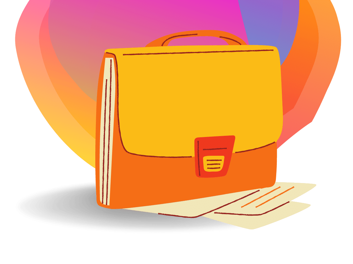 Against a background of Bee Digital Marketing colours a graphic of a briefcase sitting on top of some papers