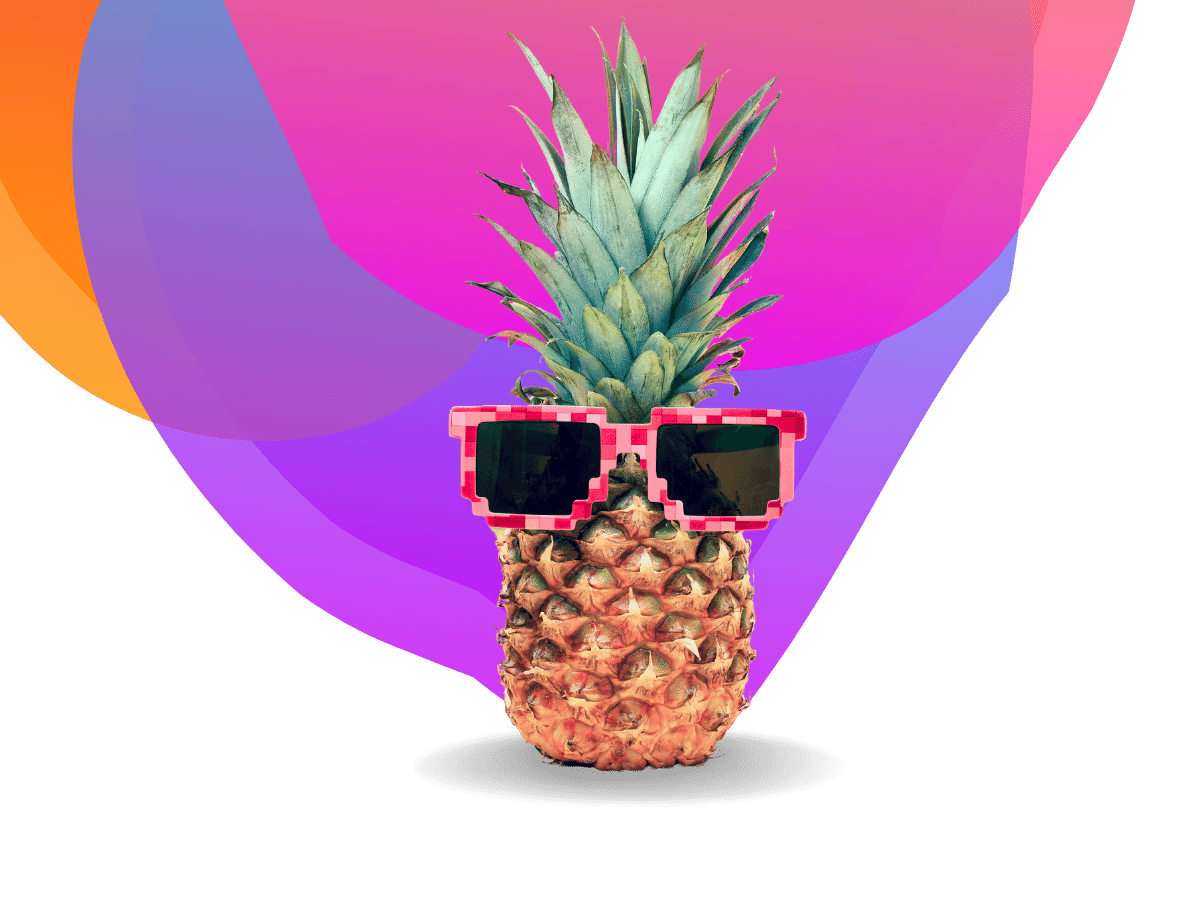A pineapple wearing sunglasses sitting against a background of Bee Digital Marketing colours