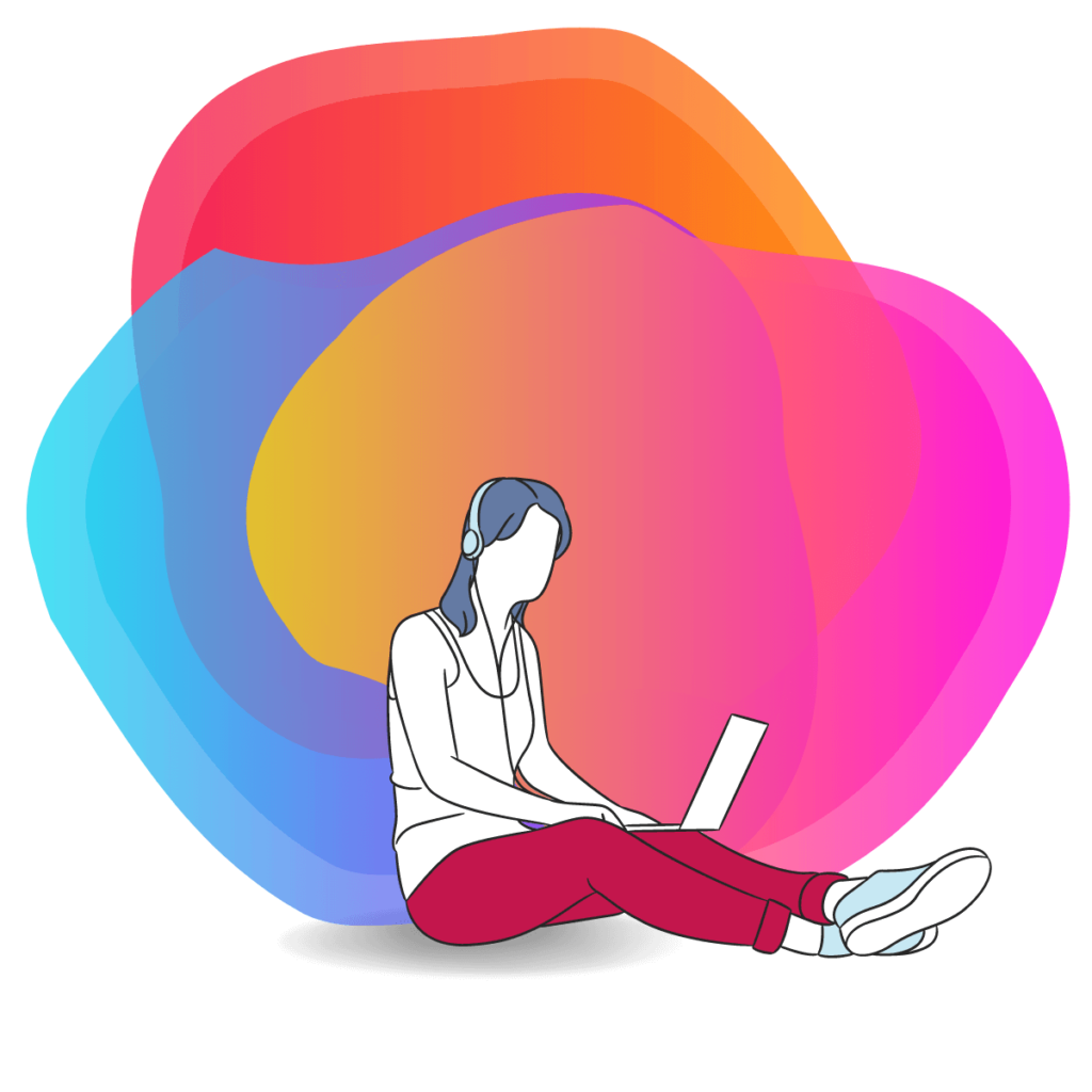 A graphic of a seated woman with no features wearing headphones and working on her laptop, in front of the Bee Digital Marketing logo graphic