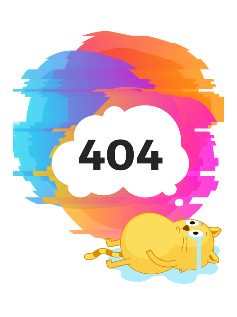 A sad cartoon cat lies crying on the floor under a sign which reads "404" indicating this page is experiencing a 404 error