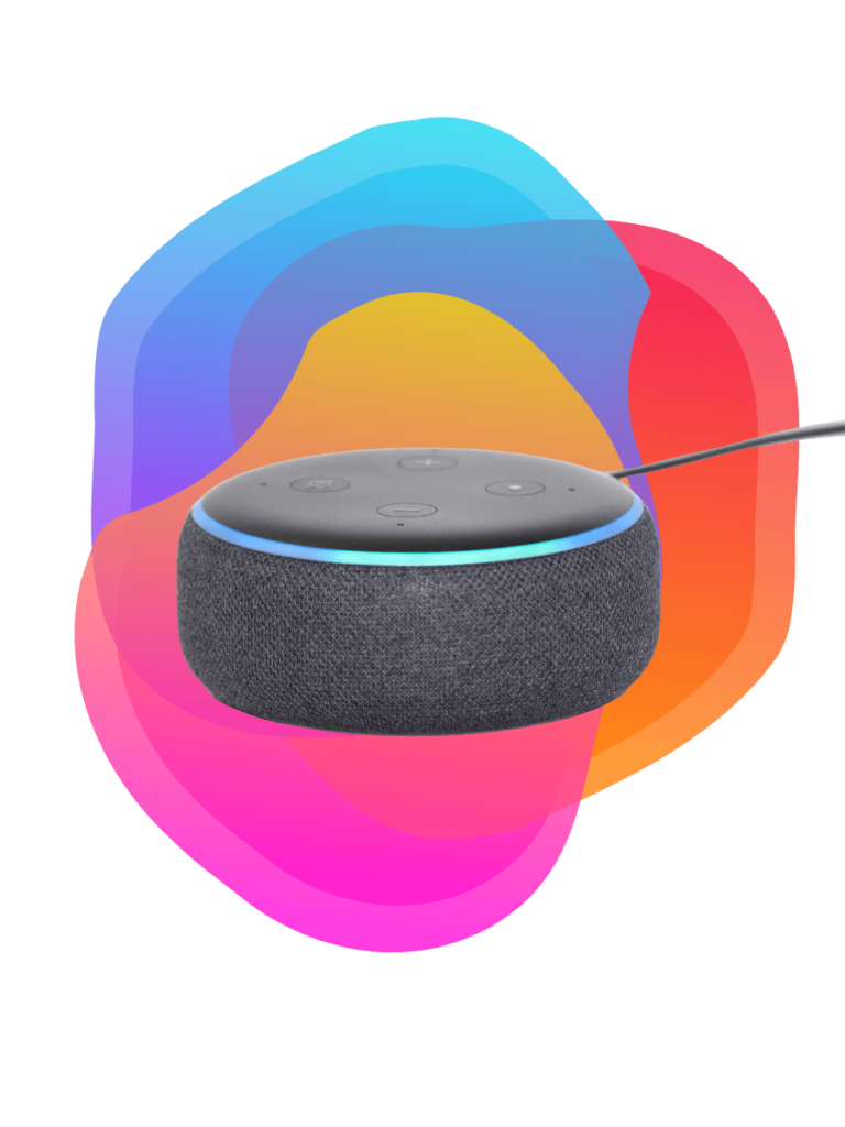 A picture of the Amazon Alexa device which is a round, squat cylinder with a glowing blue surround, against the Bee Digital Marketing background