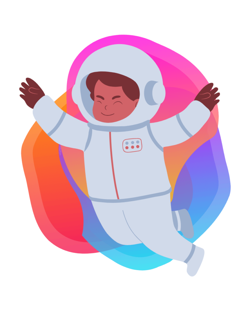 A cartoon astronaut in a white spacesuit is flying through the air, looking happy. In the background are the Bee Digital Marketing colours