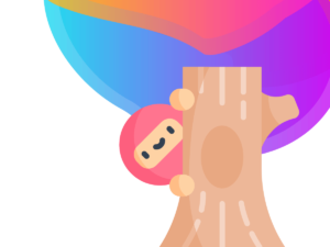 A cartoon character with a round face and ninja style headwear smiling and poking their head out from behind a tree trunk.