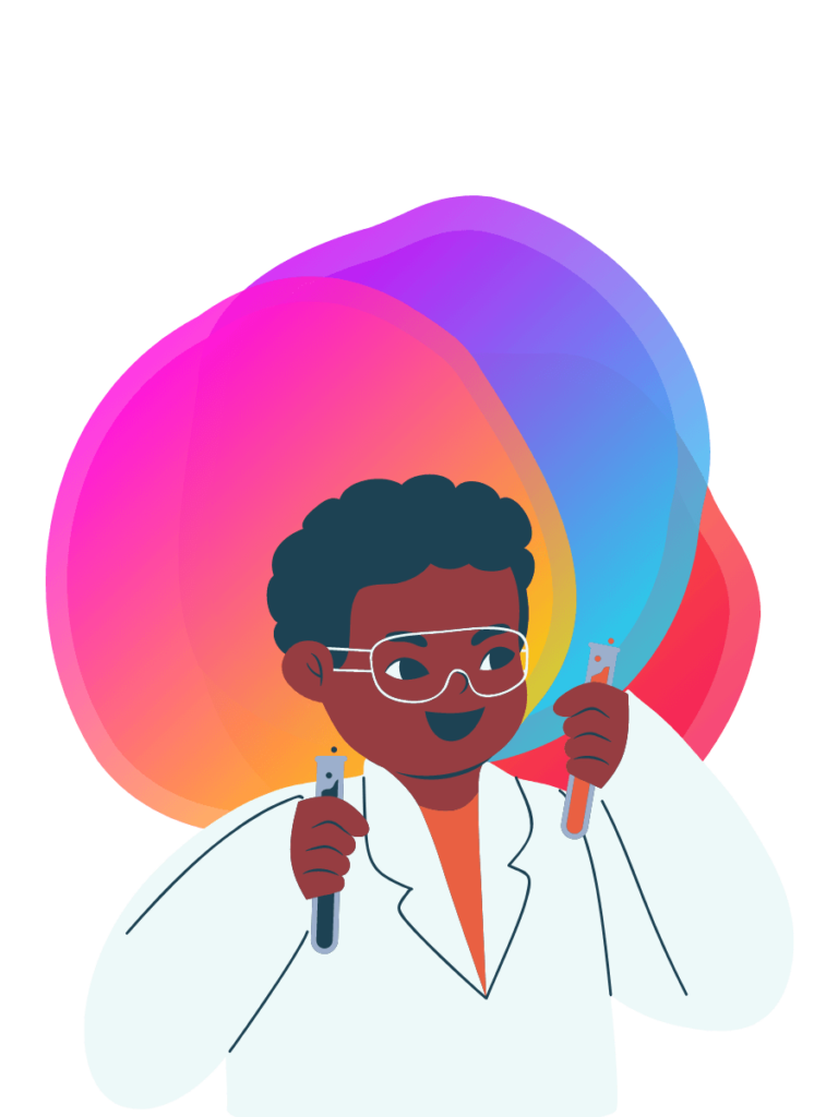 A cartoon scientist who is smiling and holding two test tubes, each containing a different liquid. Background: Bee Digital Marketing colours