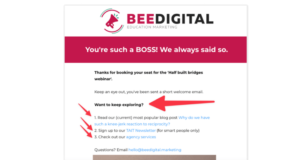 An example of a thank you page from a Bee Digital Marketing webinar sign up which shows how they use the page for further marketing opportunities such as signposting and downsells