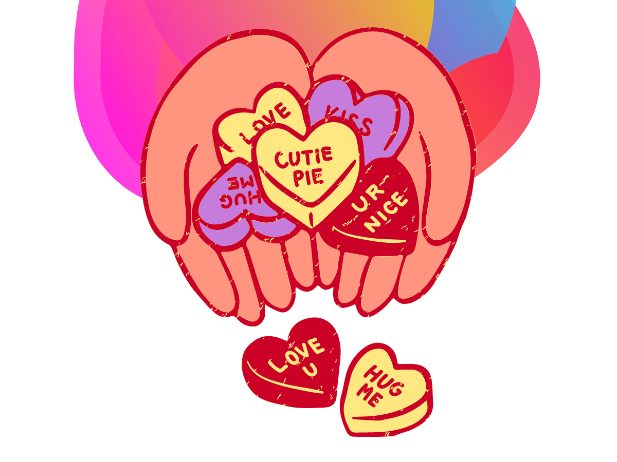 Two cartoon hands holding a handful of Love Hearts sweets with phrases on them such as cutie pie and hug me