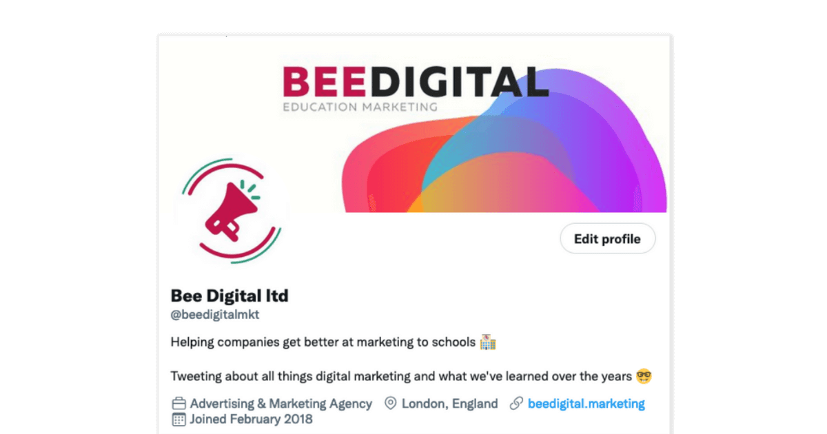 An example of Bee Digital Marketing's optimised social media bio for Twitter