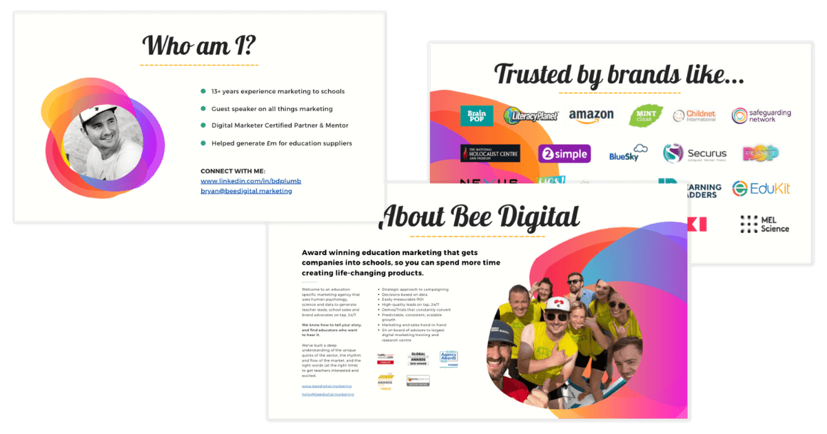 Examples of Bee Digital's marketing optimised start/end slides for presentations.