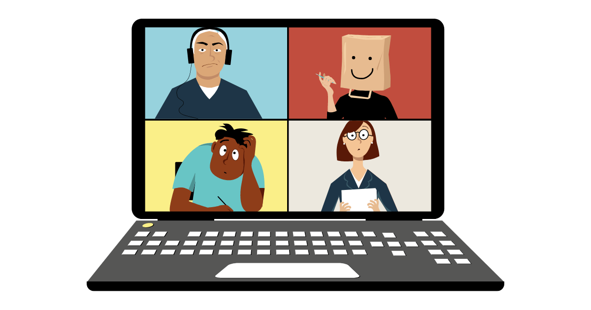 A cartoon image of a zoom meeting with four people, each in a quadrant of the screen. One is looking grumpy, one is wearing a bag on their head, one is looking confused and the last suprised