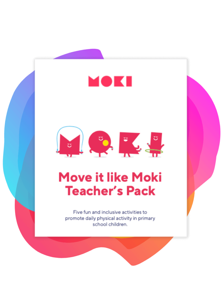 Background of Bee Digital Marketing colours. In the foreground is a poster advertising the Move It Like Moki Teacher's Pack