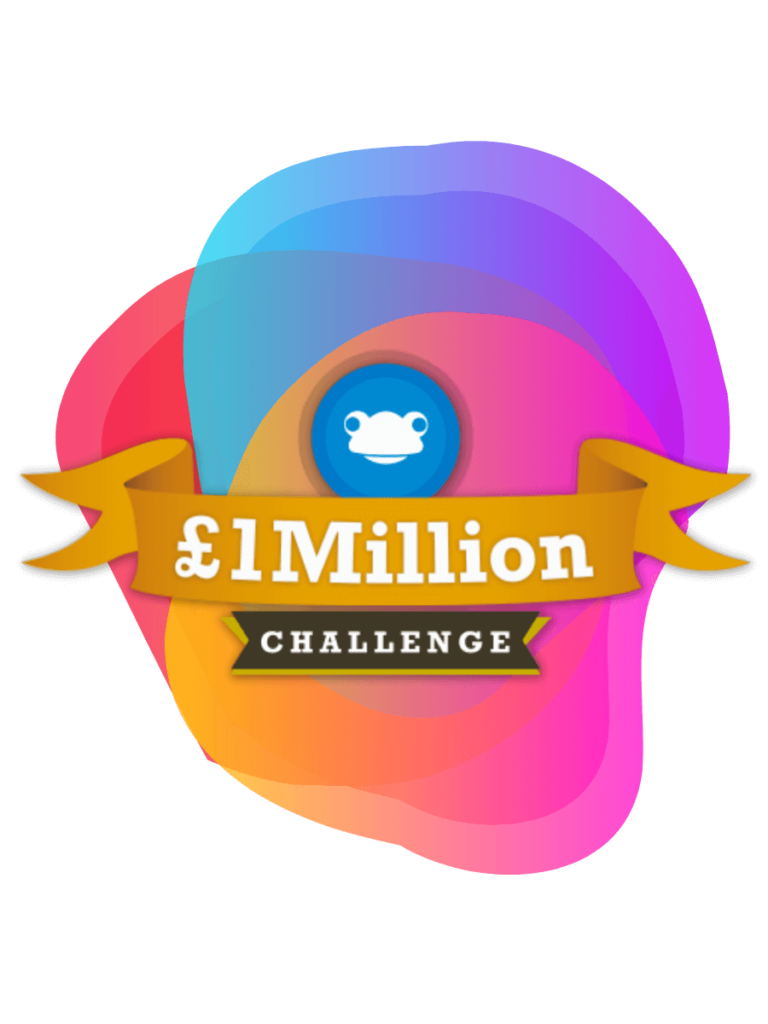 The logo for the Frog £1 million challenge set against the Bee Digital colours in the background