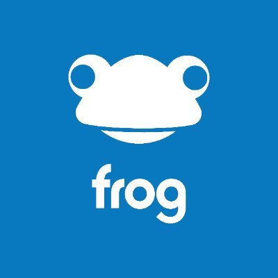 A logo for education business Frog, a mid-blue background with a white graphic representation of a frog, and the word "frog" beneath it in white.