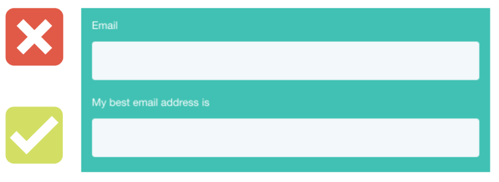 An example of a bad email address form field with just the words email in it, and a better form field asking for the contacts best email address.