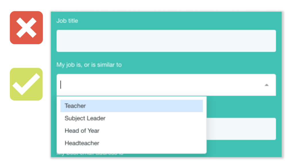 An example of a bad job title form field with just the words job description in it, and a better form field asking for the job description that is most similar to the contacts.