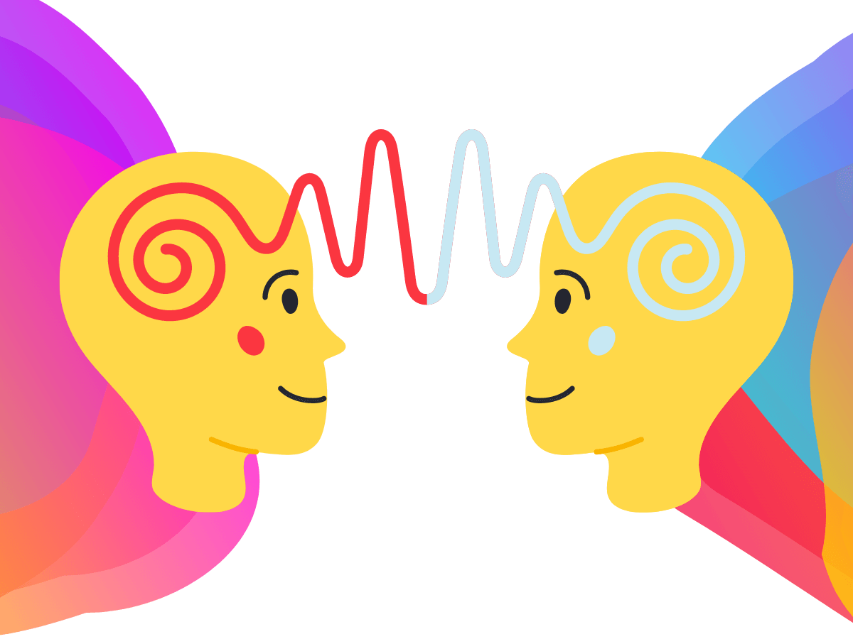Two heads in profile, facing each other & smiling. Lines between them represent understanding. Background: Bee Digital Marketing colours
