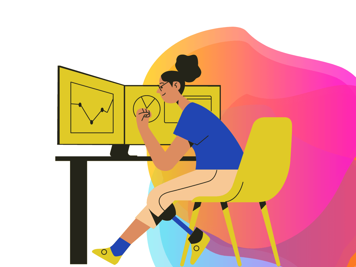 A differently-abled person with an artificial leg sits at a desk looking at data on a computer. Background: Bee Digital Marketing colours