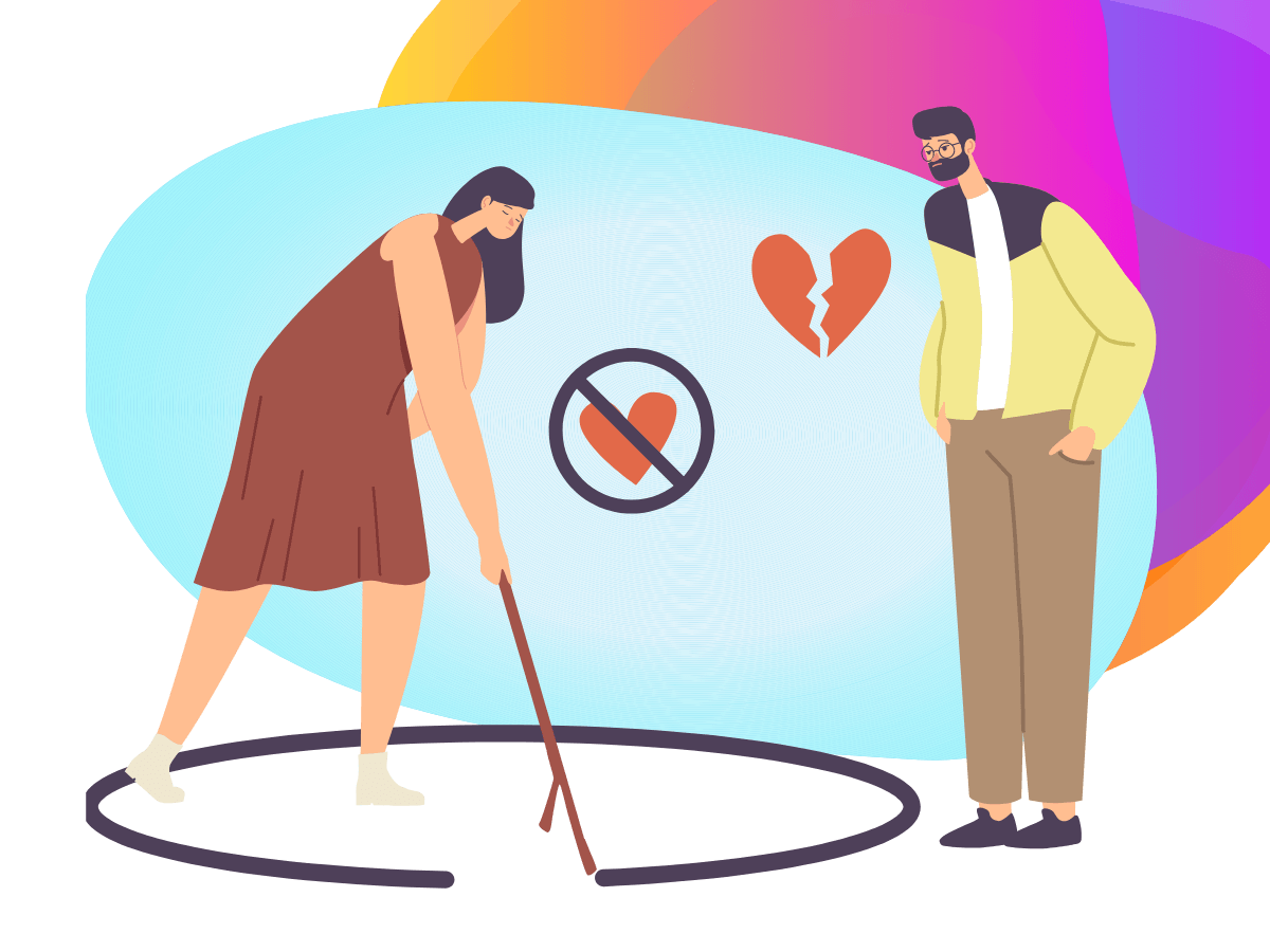 A woman using a stick to mark a circle around her which is keeping out a man who wants to get closer. Inside the circle is a love heart with a line through it.
