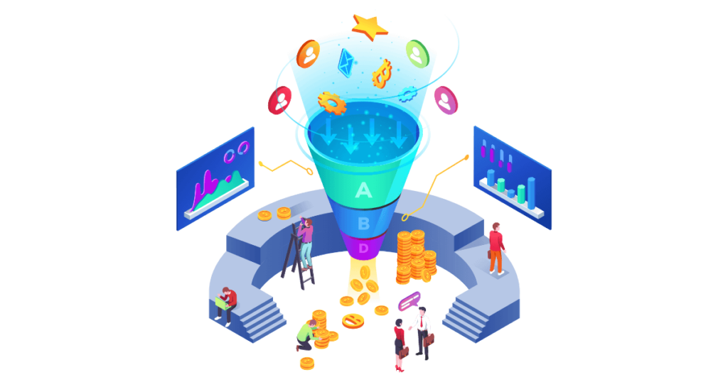 A funnel sits over a workstation. At the narrow end, money is falling out, at the wide end, icons representing social media, emails and ratings are falling in.