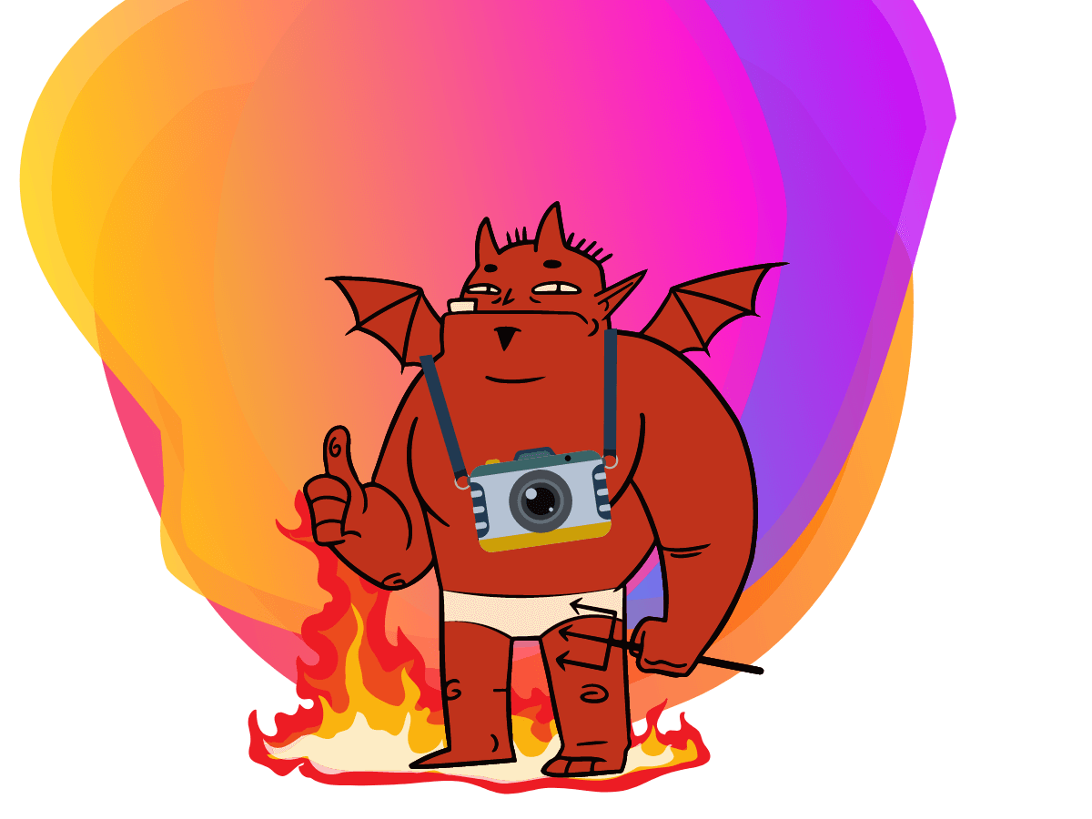 A cartoon devil wearing a camera around its neck and giving a thumbs up. Background: Bee Digital Marketing colours