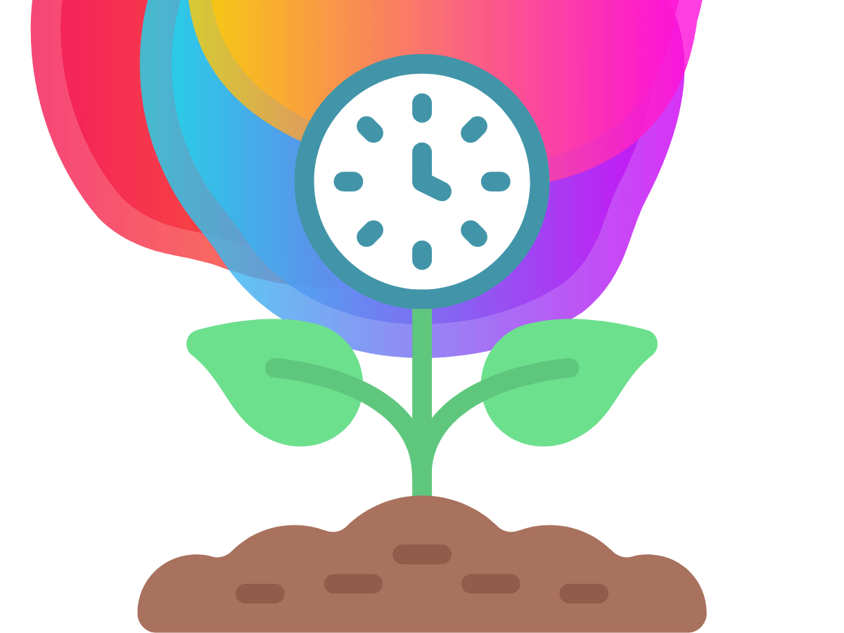 A flower growing from the earth where the bud is a clock. Background of Bee Digital Marketing colours.