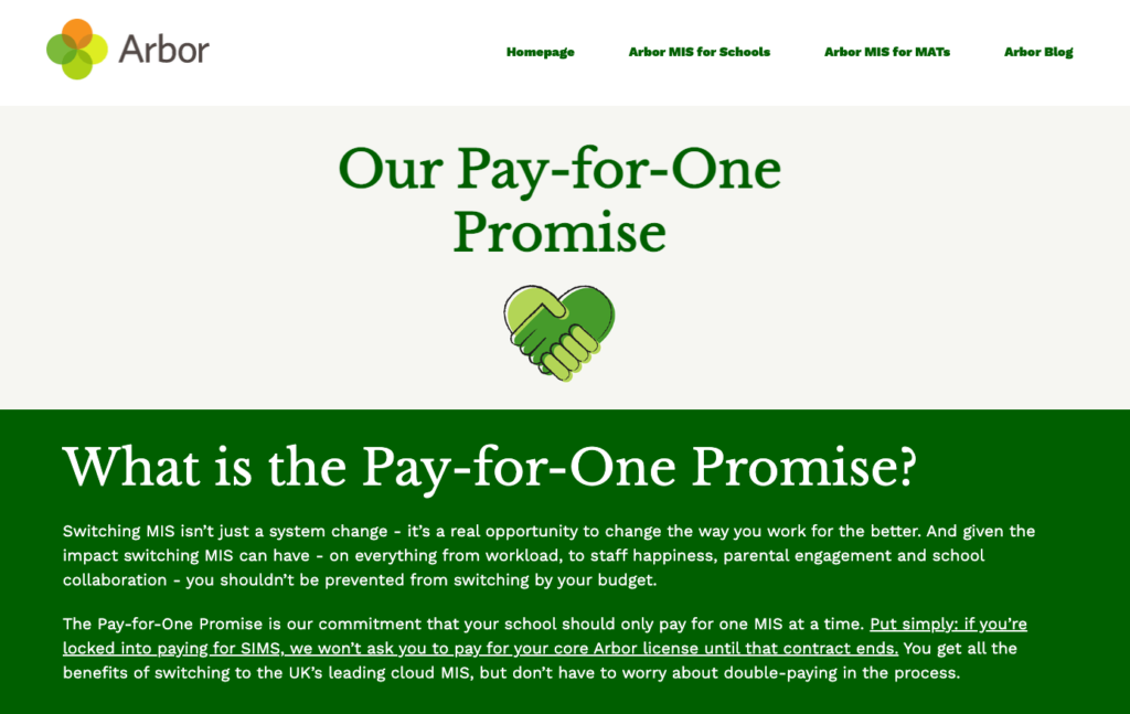 Arbor Education - Pay-for-One Promise marketing to schools campaign