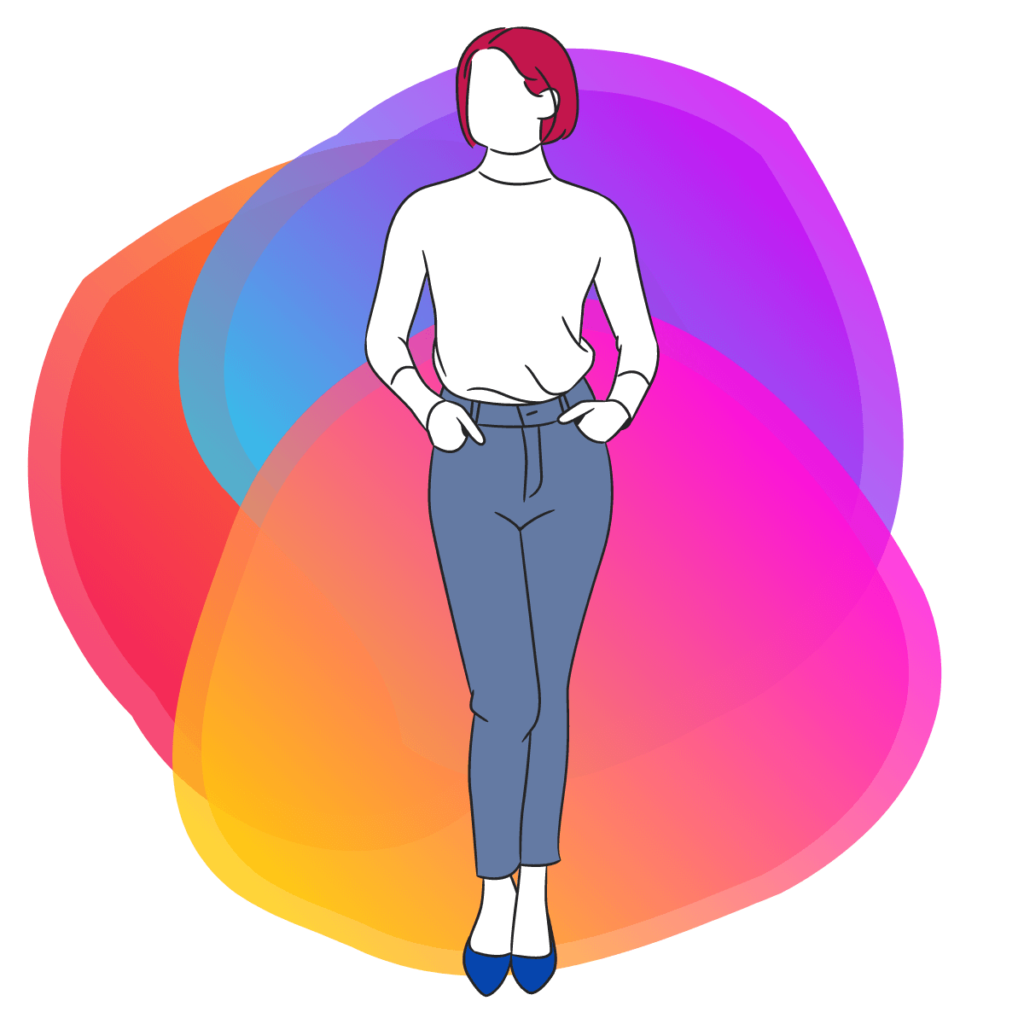 A graphic of a standing woman with no features with her hands in her trouser pockets, in front of the Bee Digital Marketing logo graphic