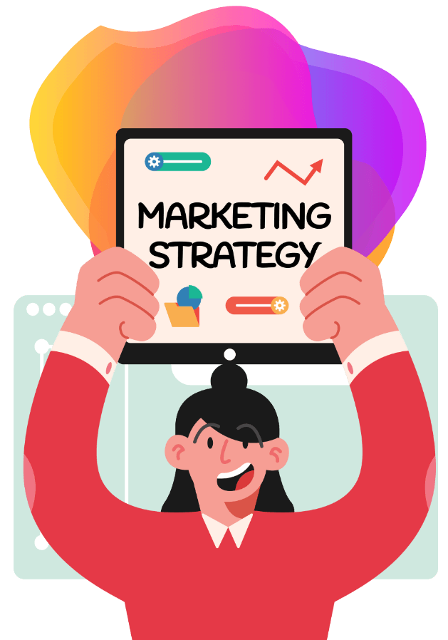 Illustration of a person holding up a sign saying marketing strategy - Bee Digital marketing to schools agency