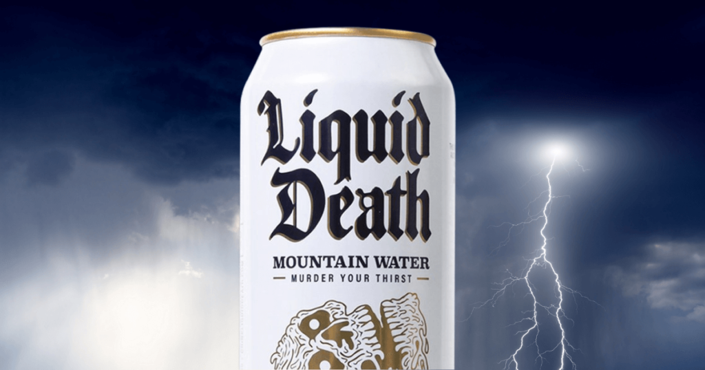 Can of Liquid Death against a stormy sky with lightening