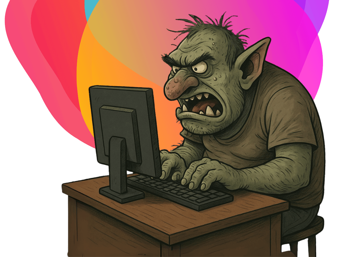 Illustration of an angry internet troll typing at their computer - Bee Digital - marketing to schools agency