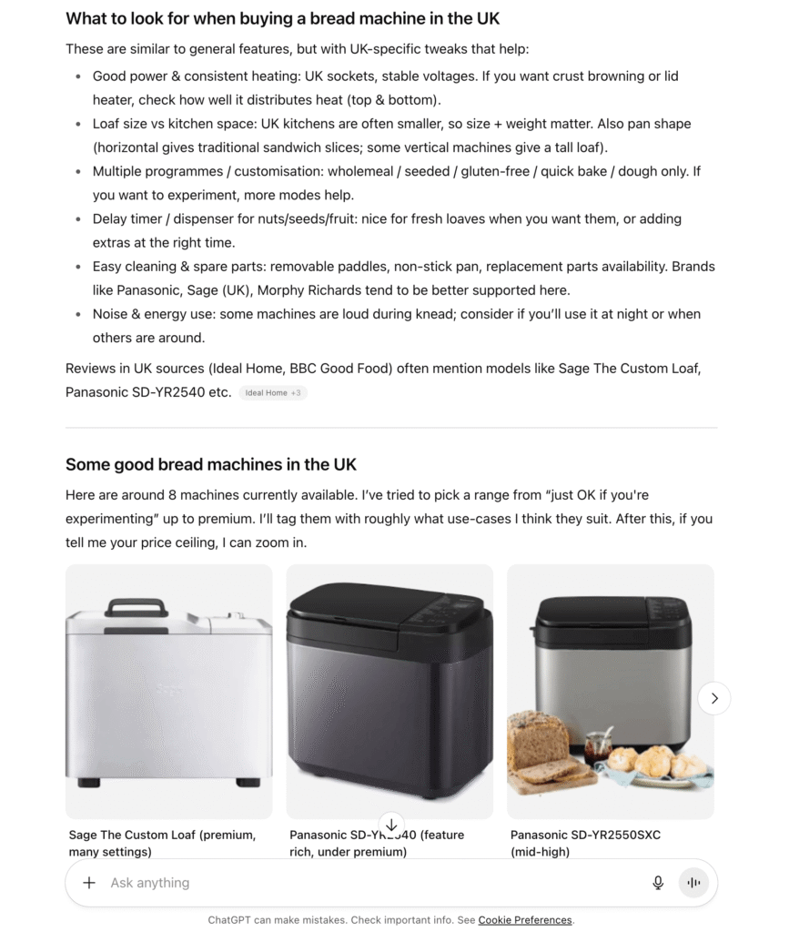 ChatGPT search for bread makers
