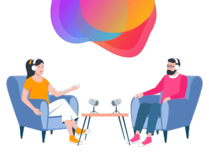 Illustration of two people recording a podcast - Bee Digital marketing agency