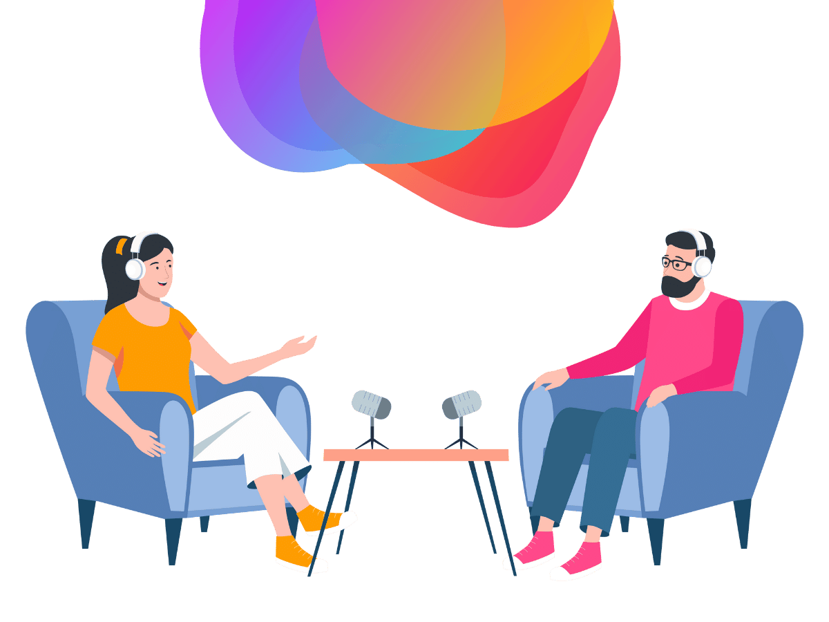 Illustration of two people recording a podcast - Bee Digital marketing agency