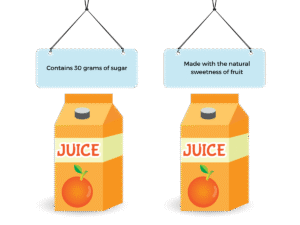 Illustration of two orange juice cartons with showing examples of the framing marketing technique - Bee Digital agency