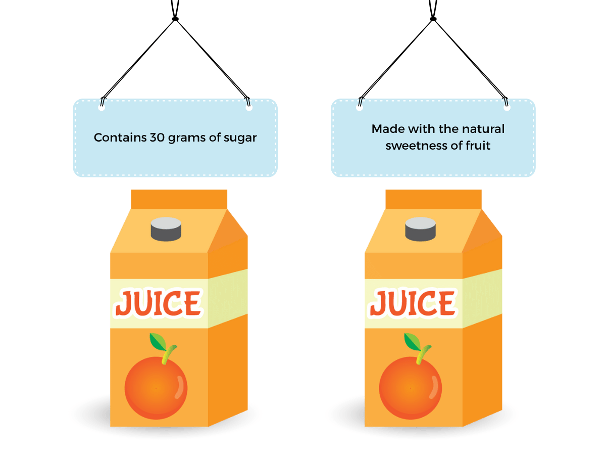 Illustration of two orange juice cartons with showing examples of the framing marketing technique - Bee Digital agency