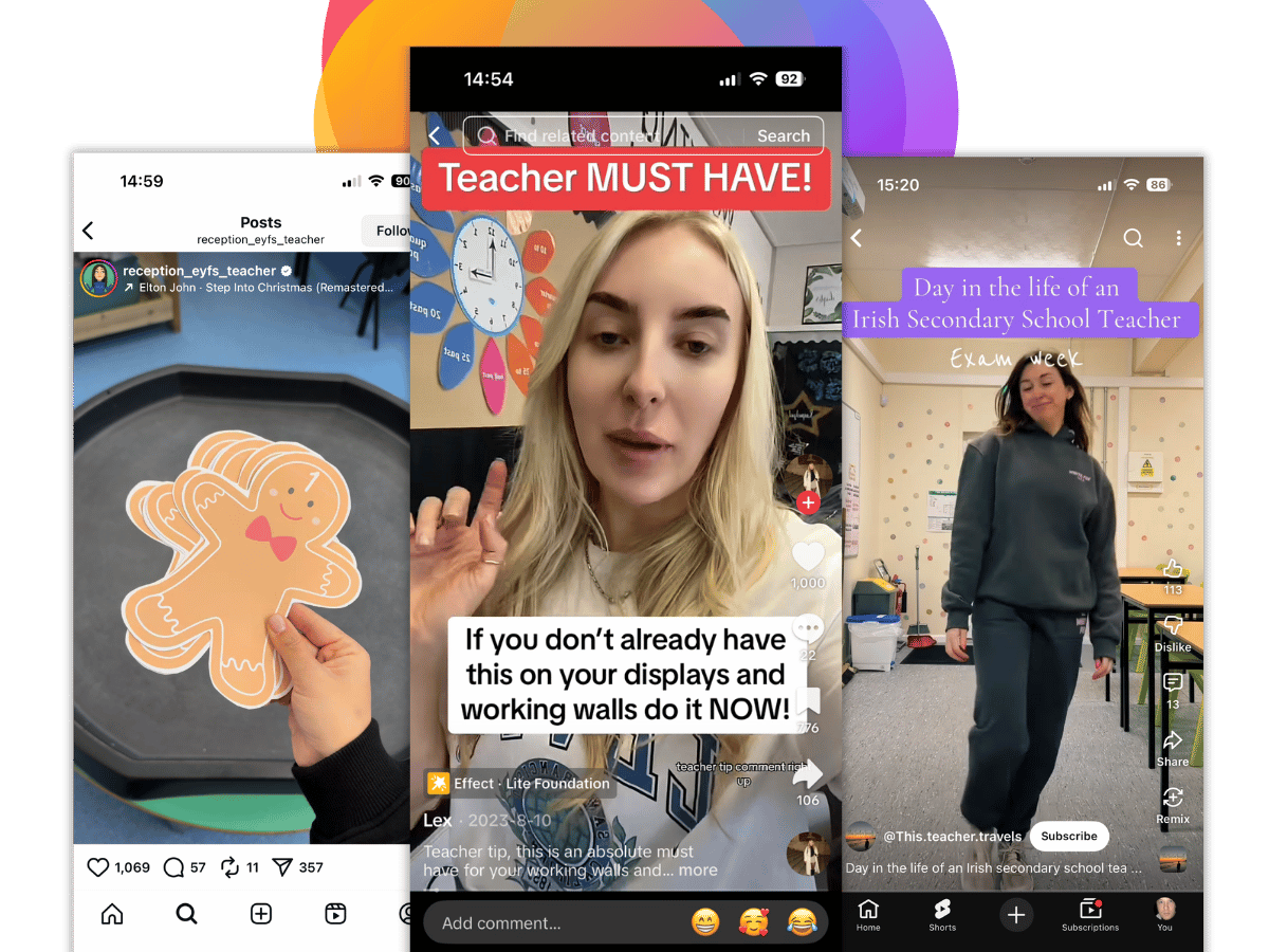 3 screeenshots of teacher influencers on Tiktok, Youtube, and Instagram
