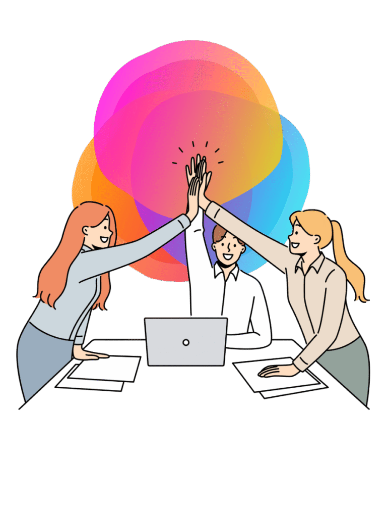 Illustration of three team members high fiving each other across a table