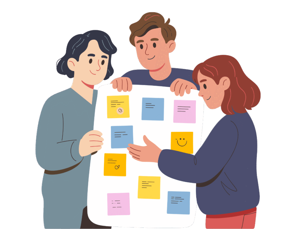 Graphic of 3 teachers planning to implement a product in their school - Bee Digital marketing to schools agency
